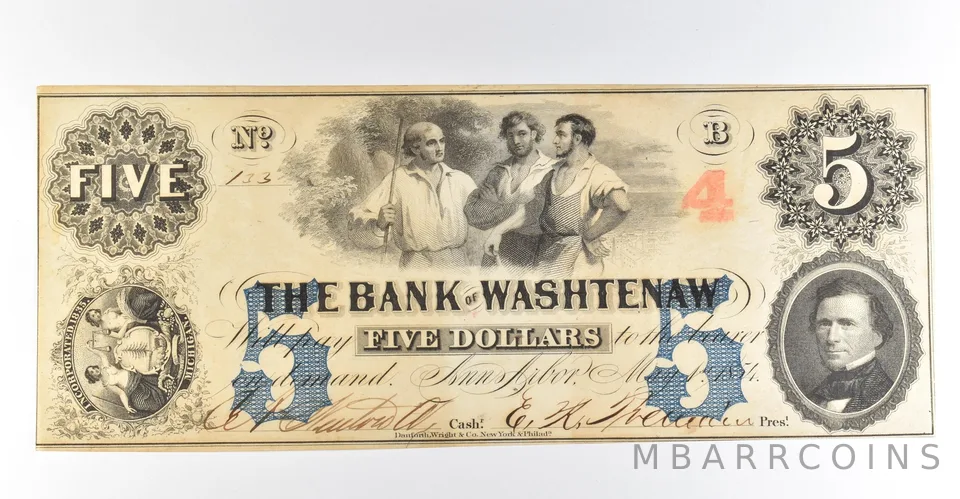 1854 $5 Bank Of Washtenaw MI Obsolete Note *8453