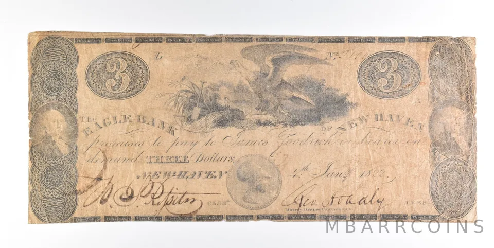 1822 $3 New Haven CT Eagle Bank Obsolete Note *0246
