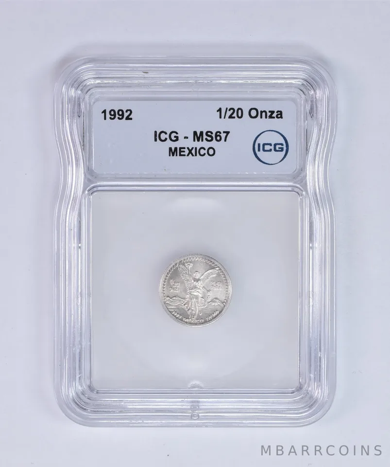 1992 Mo Mexico 1/20 Onza Silver Libertad MS67 ICG Beautiful Tone *7995