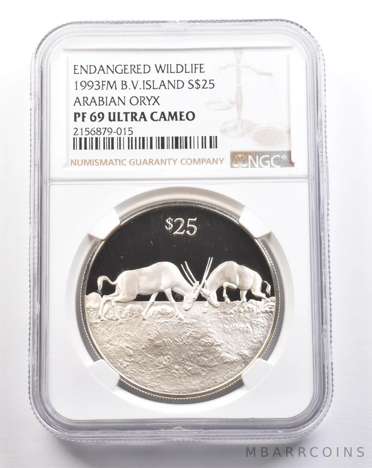 1993 FM British Virgin Islands $25 Silver Arabian Oryx PF69 UCAM NGC *4927