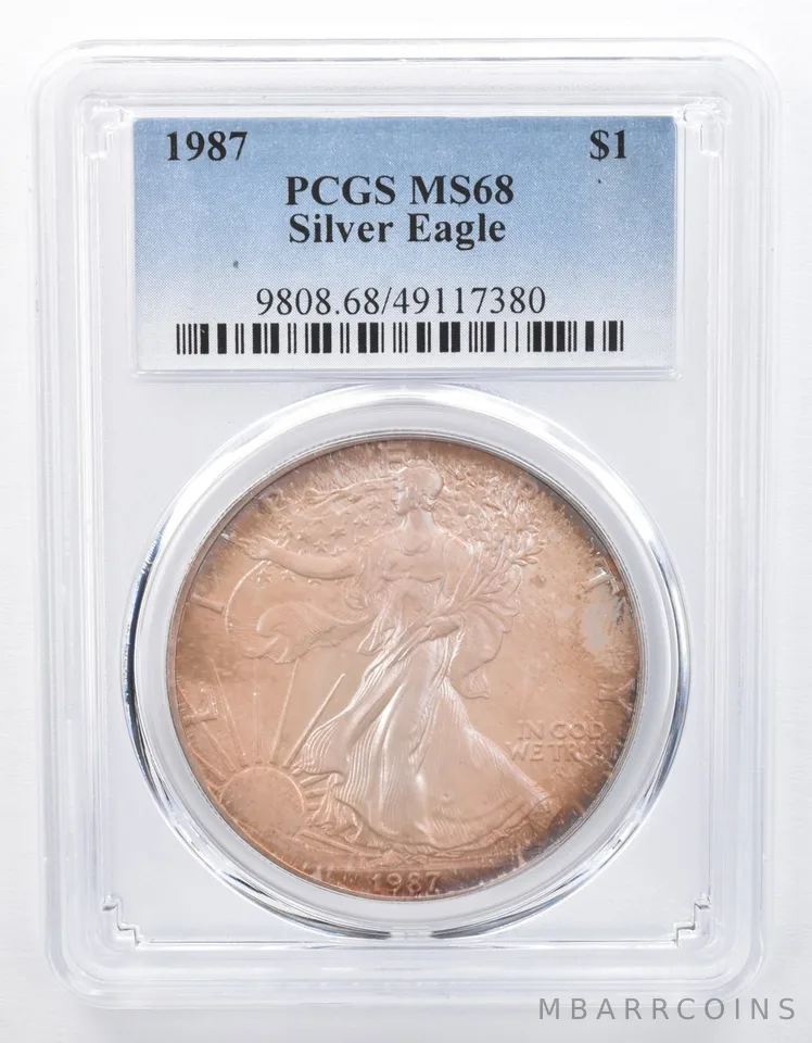 1987 American Silver Eagle MS68 PCGS Iridescent Tone *8398