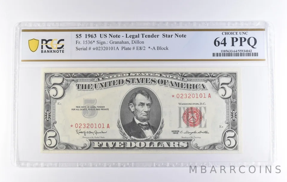 1963 $5 Legal Tender Star Note Fr#1536* Choice Unc 64 PPQ PCGS *8301
