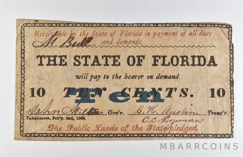 1868 10 Cents State Of Florida Obsolete Note *8608