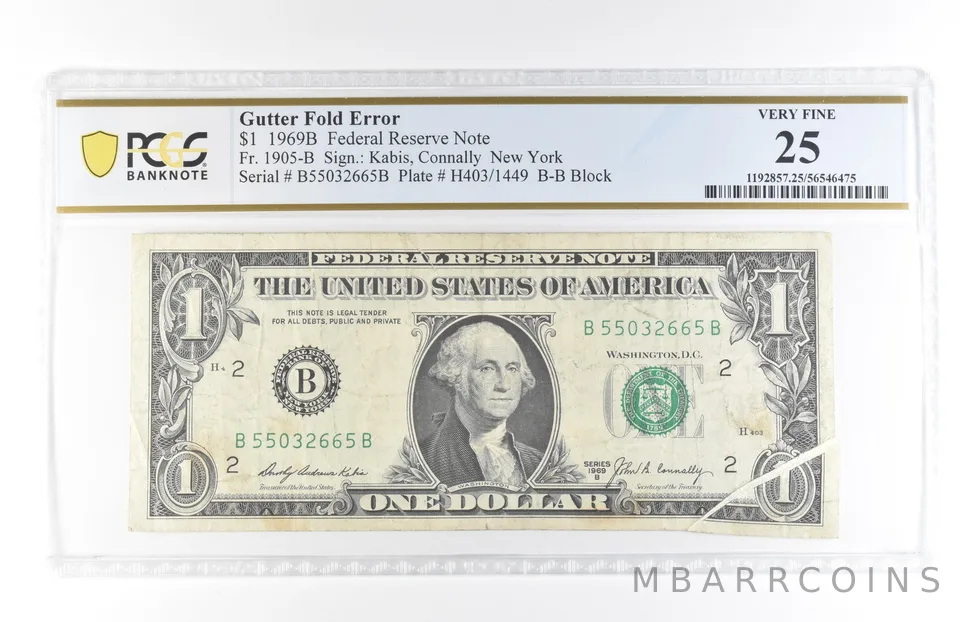 1969 B $1 New York NY FRN Gutter Fold Error Fr#1905-B Very Fine 25 PCGS *5823