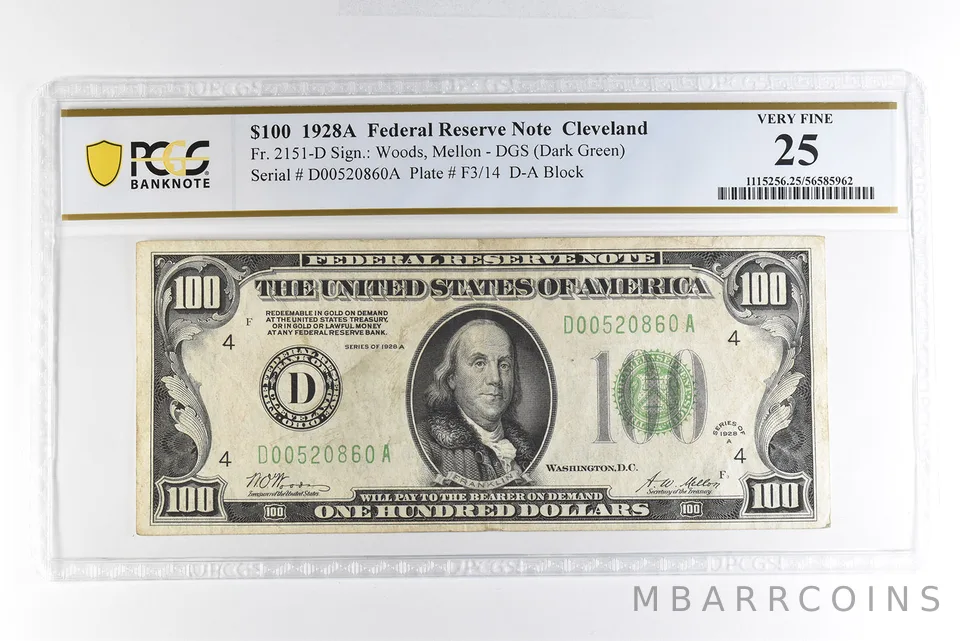1928 A $100 Cleveland OH FRN FR#2151-D Dark Green Seal Very Fine 25 PCGS *4984