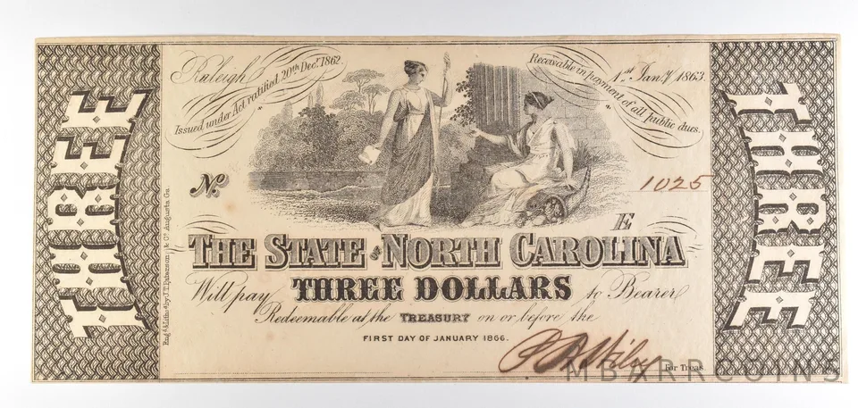 1863 $3 State Of North Carolina Obsolete Note *8742