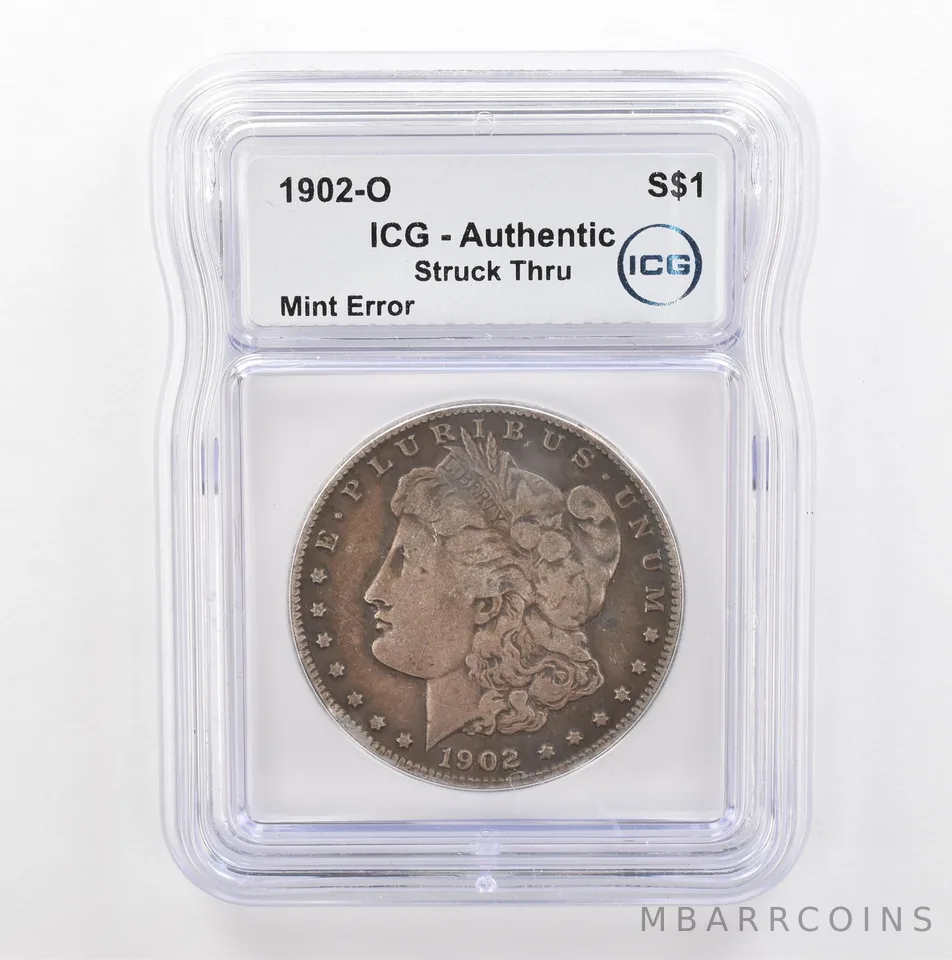 1902-O Morgan Silver $1 Mint Error Struck Thru Authentic ICG Nice Tone *5381