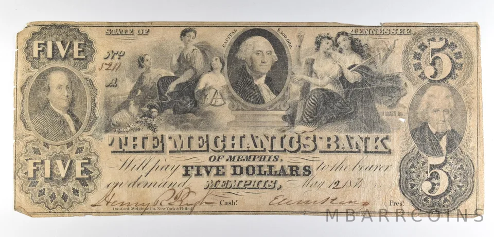1854 $5 Memphis TN Mechanics Bank Obsolete Note *8649