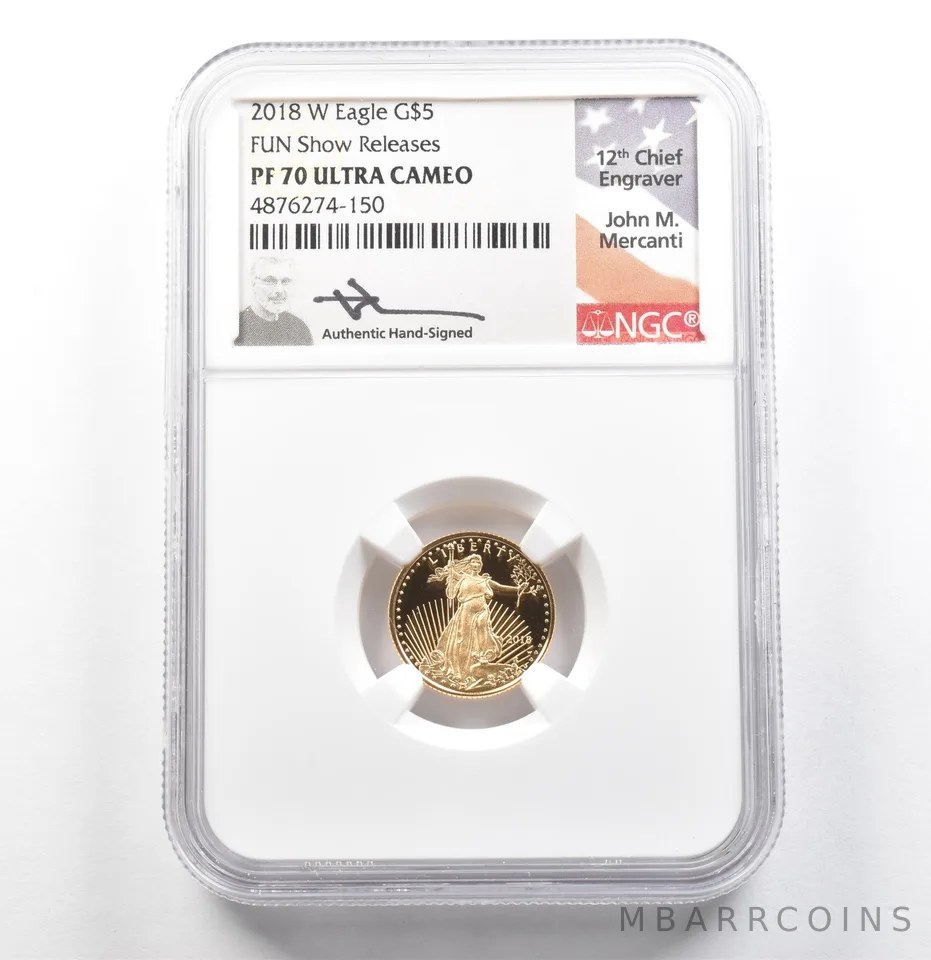 2018-W $5 American Gold Eagle FUN Show Mercanti 1/10 Oz PF70 UCAM NGC a0104