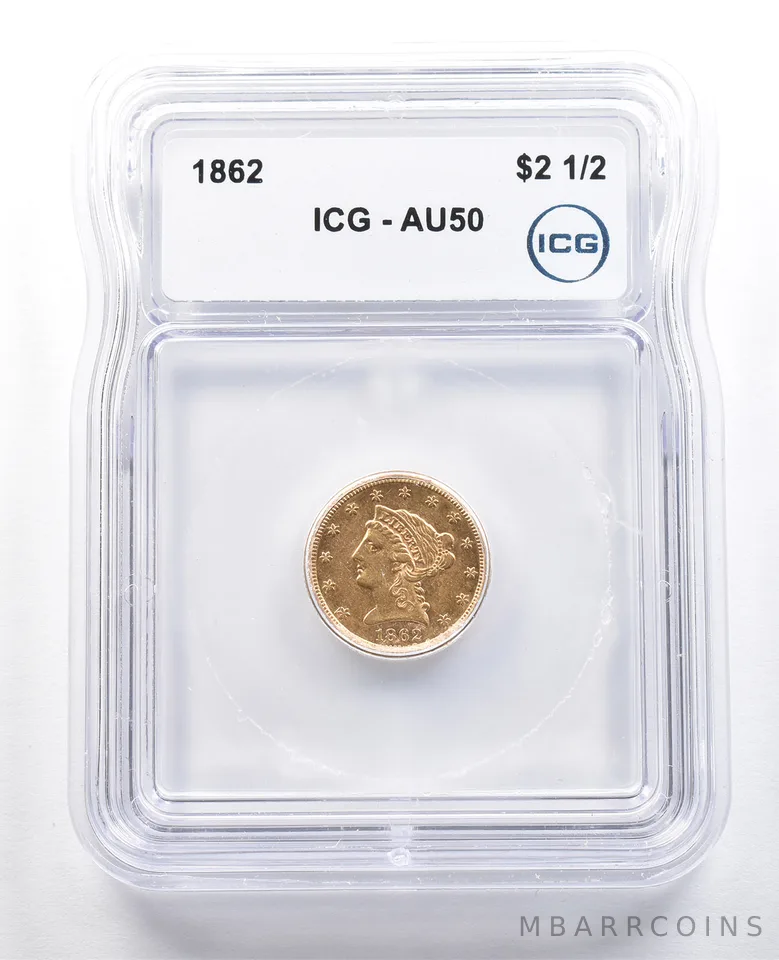 1862 $2.50 Liberty Head Gold Quarter Eagle AU50 ICG *4871