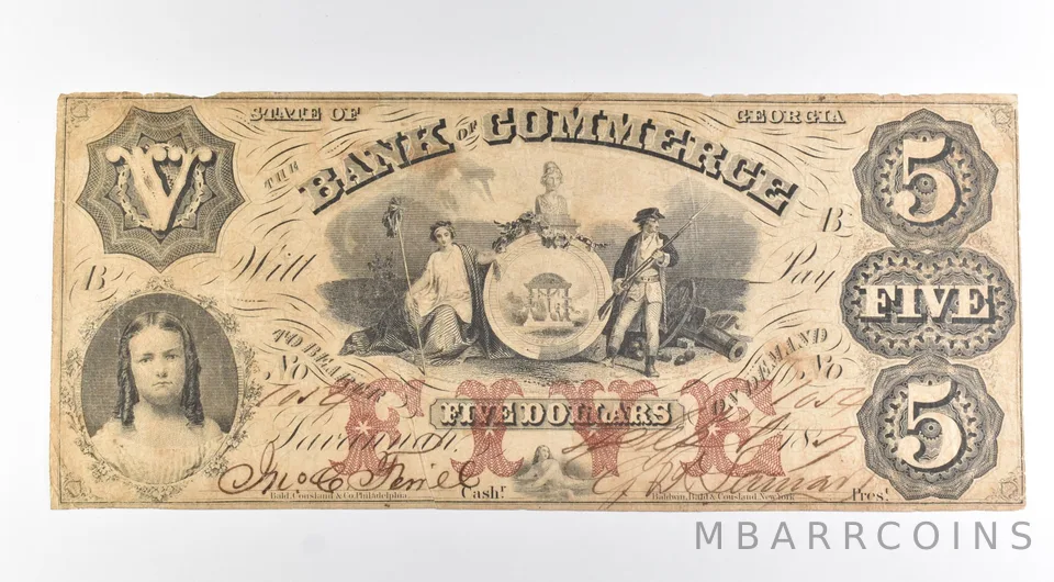 1857 $5 Savannah GA Bank Of Commerce H#GA-275-G6 PI.#B Large Note a8468