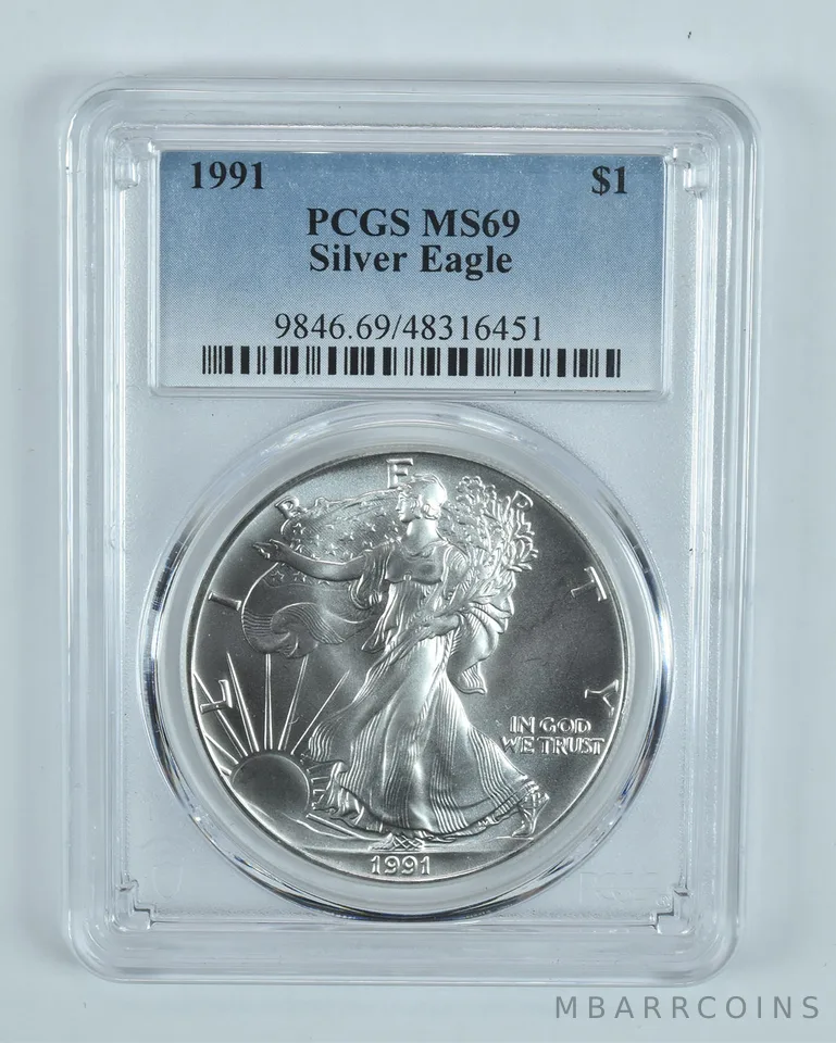 1991 American Silver Eagle 1 Oz MS69 PCGS Blue Label