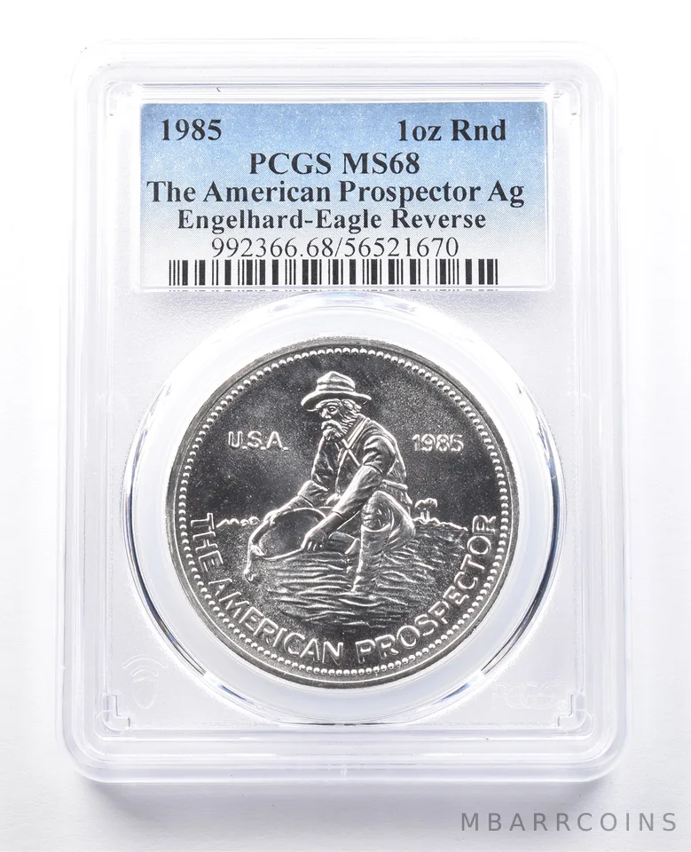 1985 Engelhard Prospector 1 Oz Silver Round Eagle Reverse MS68 PCGS