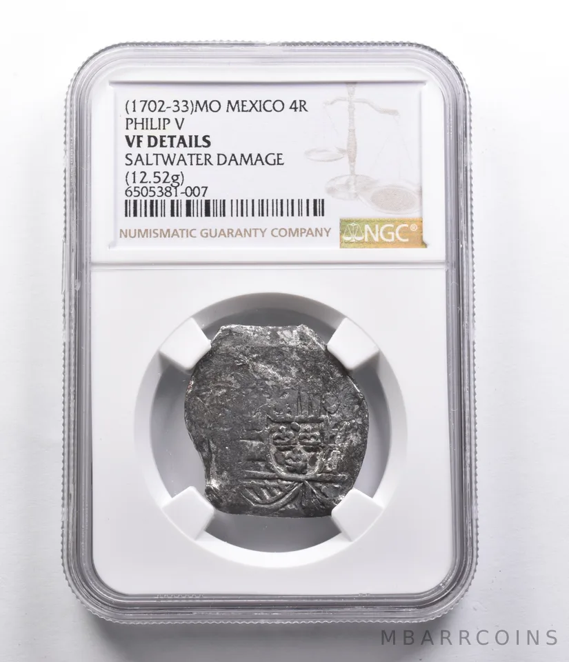 VF Dtls (1702-33) Mo Mexico 4 Real Philip V (12.52g) Saltwater Damage NGC *4073