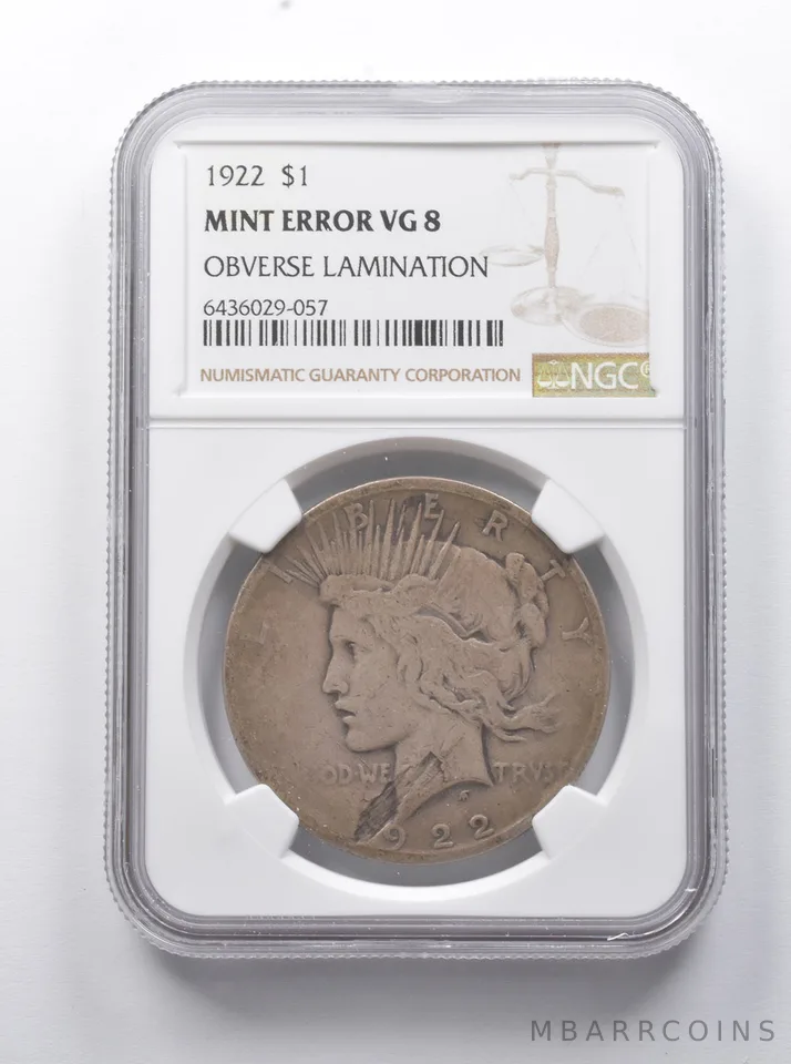 Error VG8 1922 Peace Silver Dollar OBV Lamination NGC *7911