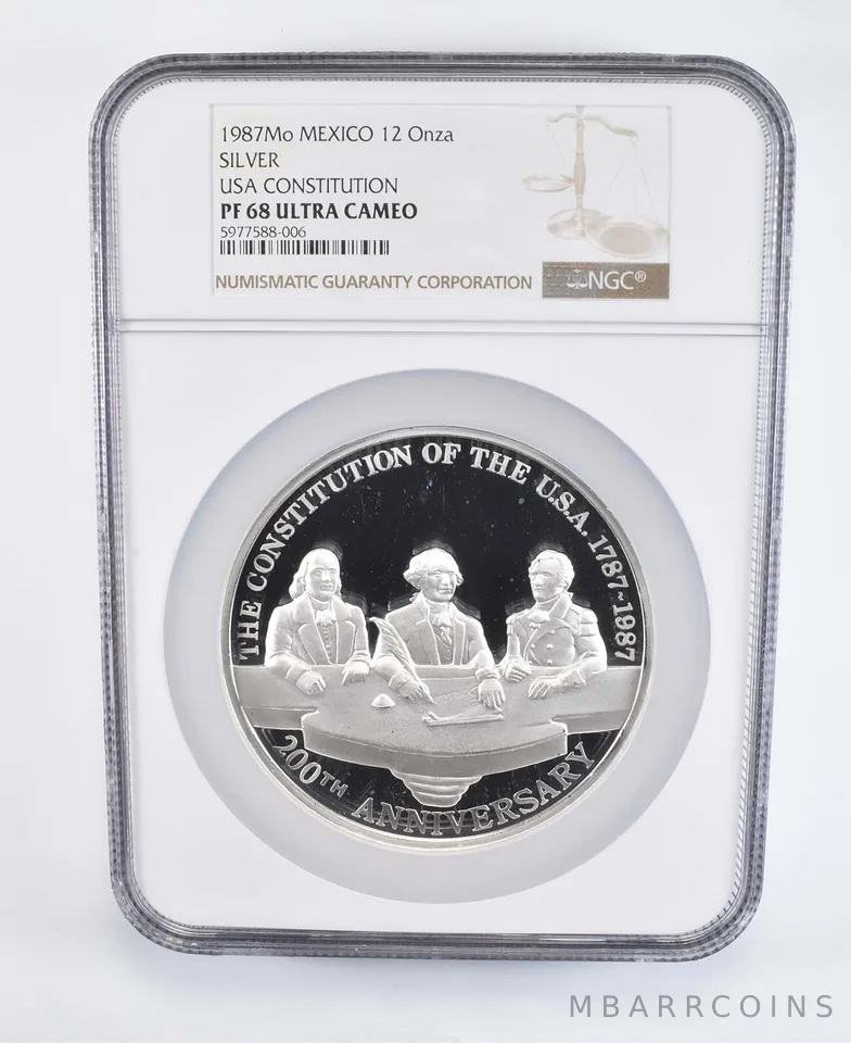 PF68 UCAM 1987 Mo Mexico 12 Onza Silver - USA Constitution - Graded NGC a8100
