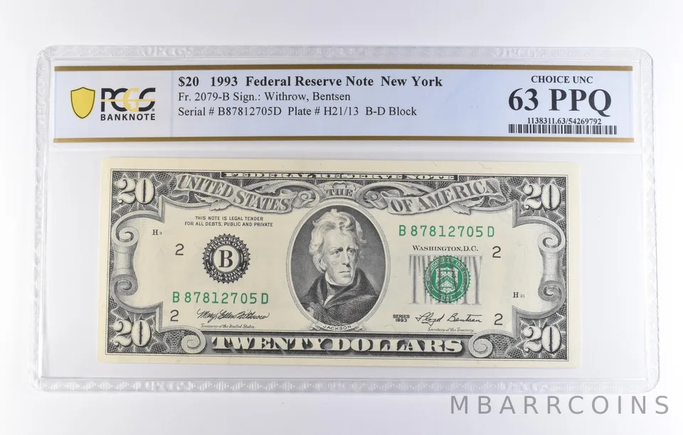 1993 $20 New York NY FRN Fr#2079-B Choice Unc 63 PPQ PCGS *8279