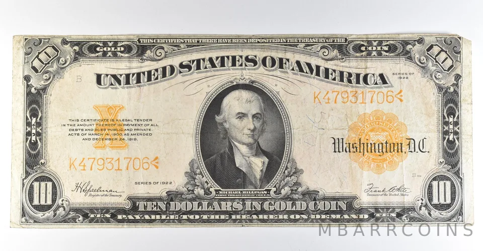 1922 $10 Gold Certificate Large Note Yellow Seal *8352