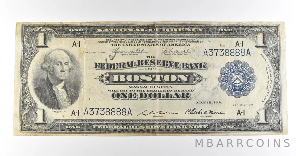 1918 $1 Boston MA National Currency Blue Seal Large Note Fr#708 *4708