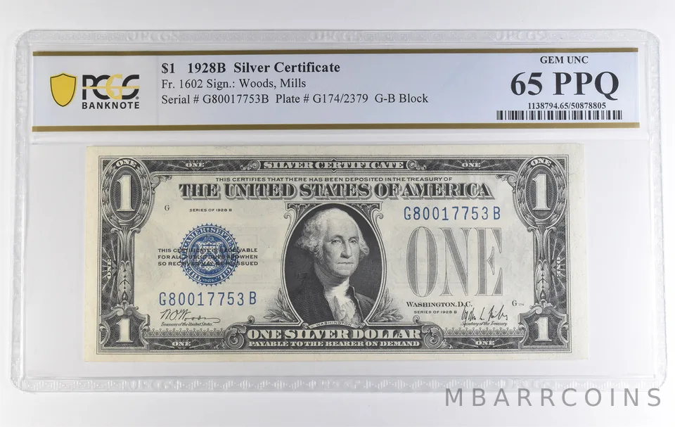 1928 B $1 Silver Certificate Fr#1602 Gem Unc 65 PPQ PCGS *3913