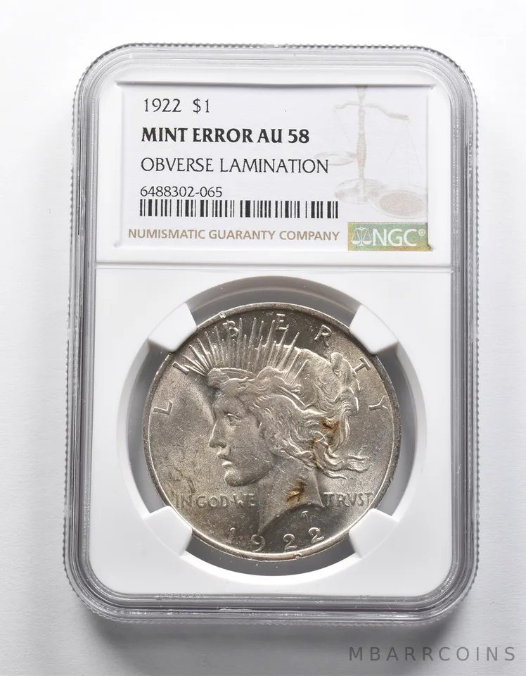 Mint Error AU58 1922 Peace Silver Dollar OBV Lamination NGC *1935