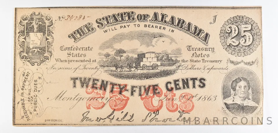 1863 25 Cents Alabama Obsolete Note *8619