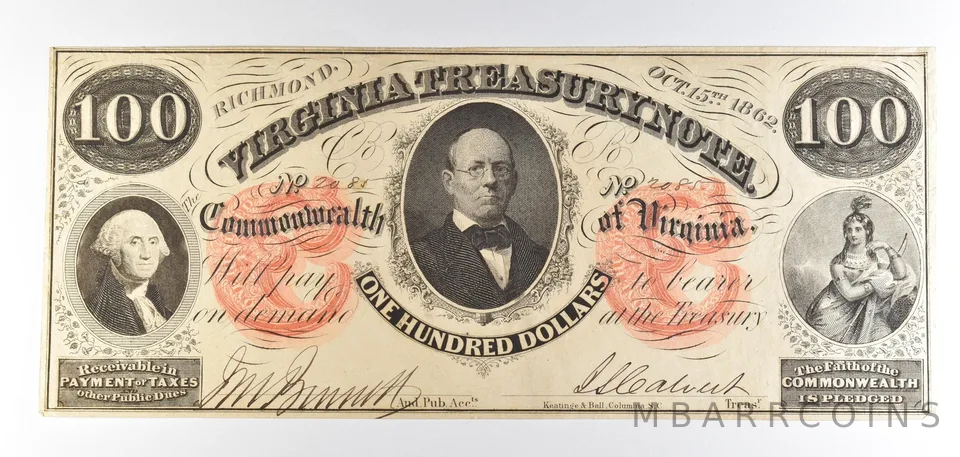 1862 $100 Richmond VA Treasury Note Obsolete Note *8761