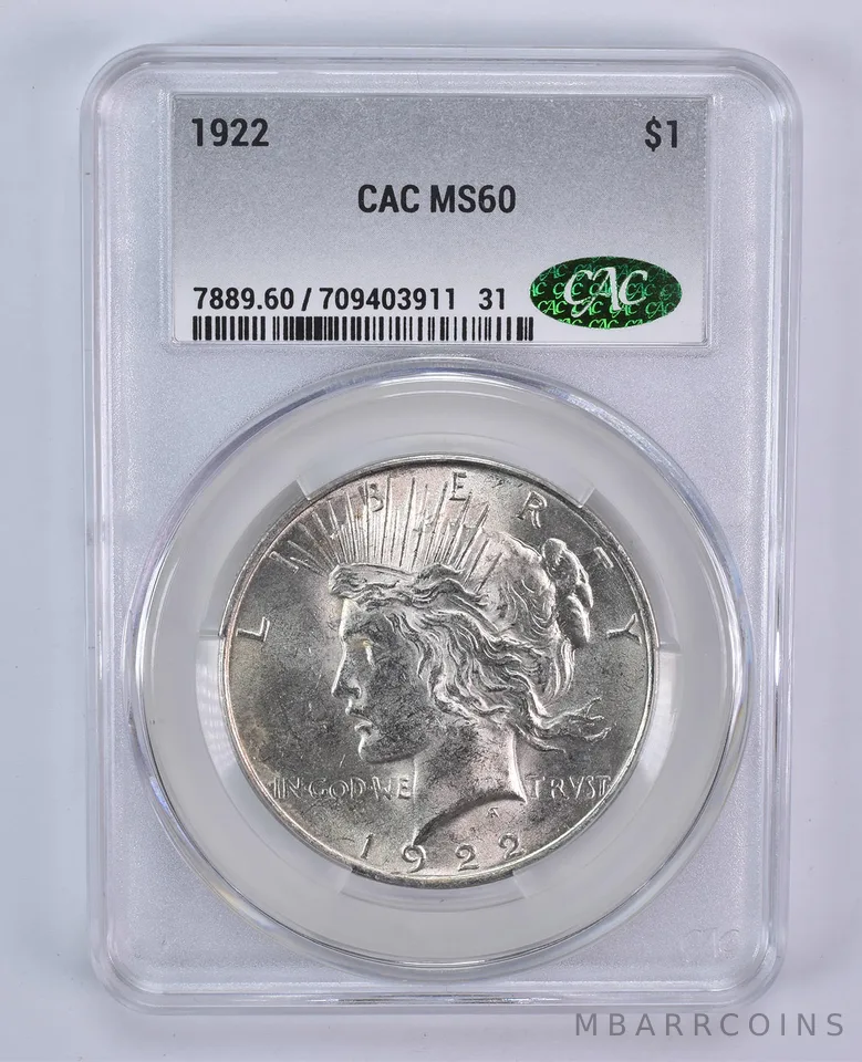 1922 Peace Silver Dollar MS60 CAC CACg
