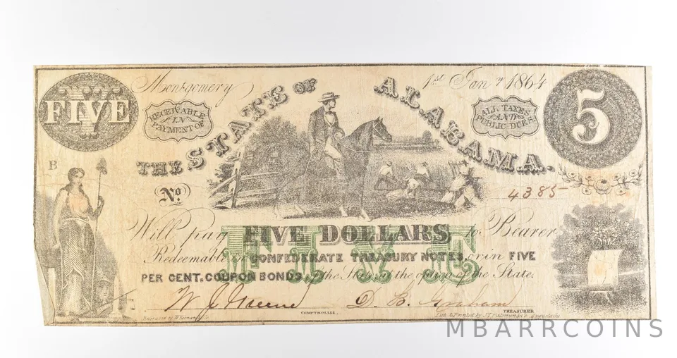 1864 $5 Montgomery AL State Of Alabama Obsolete Note *3914