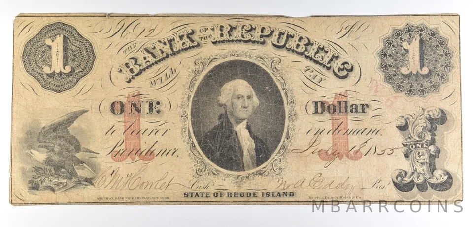1855 $1 Providence RI Bank Of The Republic Obsolete Note *8561