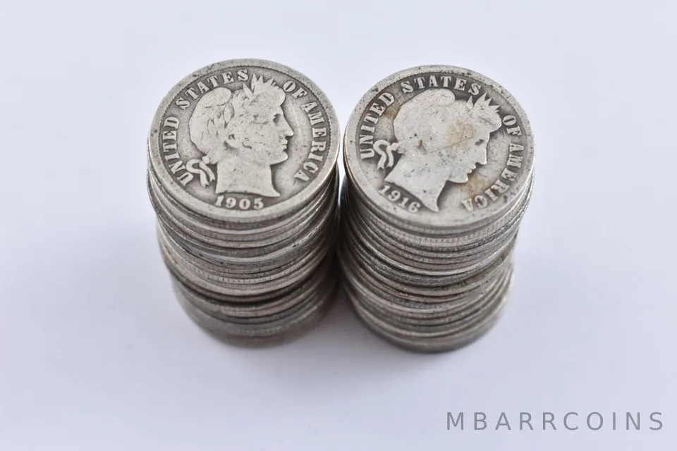 (50) 1892-1916 Barber 90% Silver Dimes Roll Lot Collection