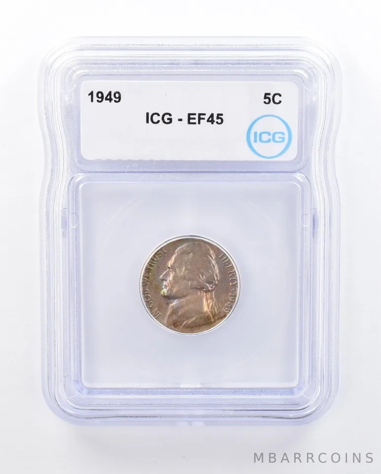 1949 Jefferson Nickel EF45 ICG Rainbow Tone a5017
