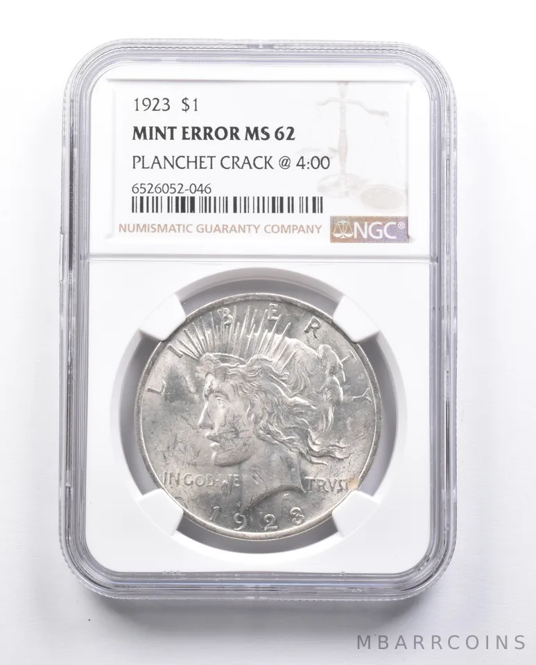 MS62 1923 Peace Silver Dollar Error Planchet Crack @ 4:00 NGC *6652