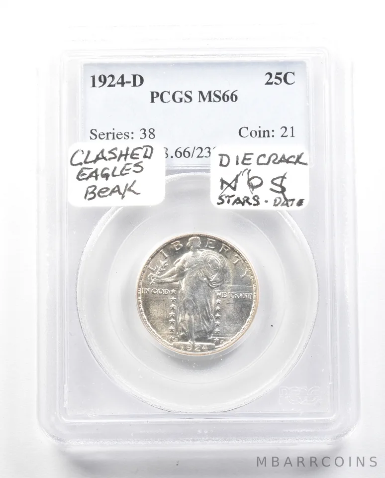 1924-D Standing Liberty Quarter MS66 PCGS Clashed Eagle Beak Die Crack a2314