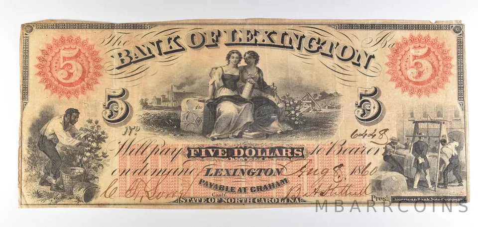 1860 $5 Bank Of Lexington NC Obsolete Note *8741