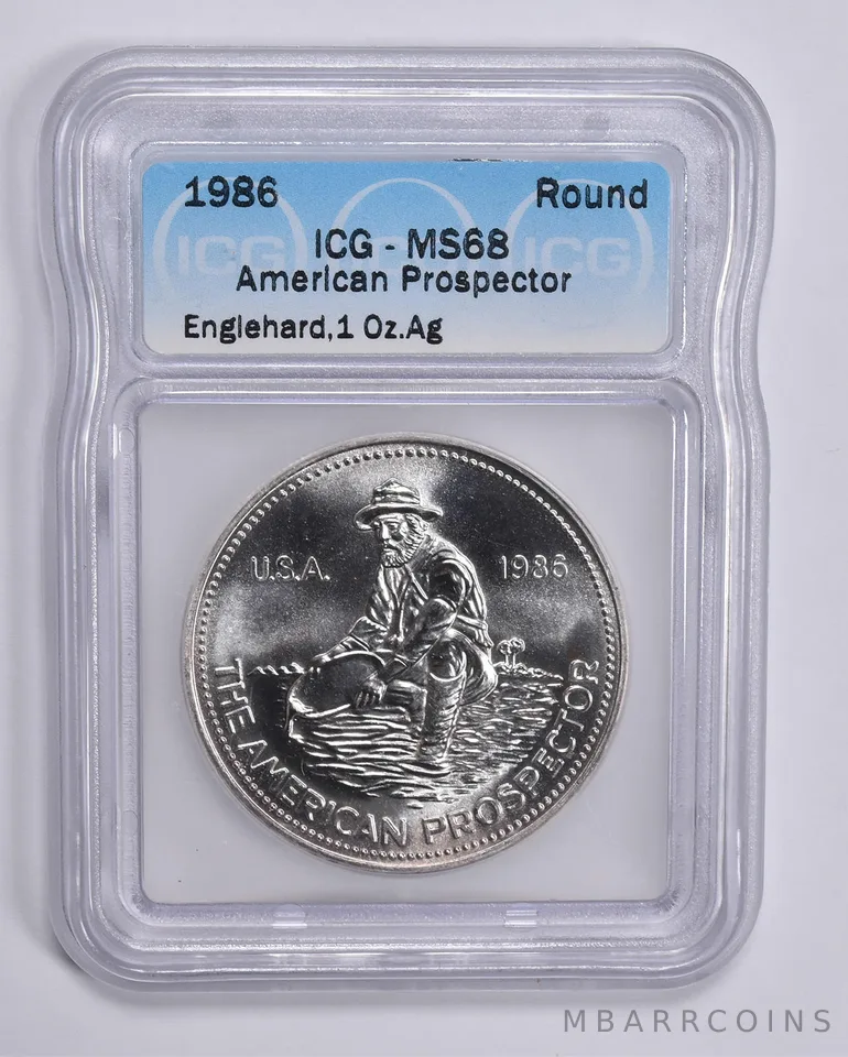 1986 Engelhard American Prospector 1 Troy Oz Silver Round MS68 ICG Graded