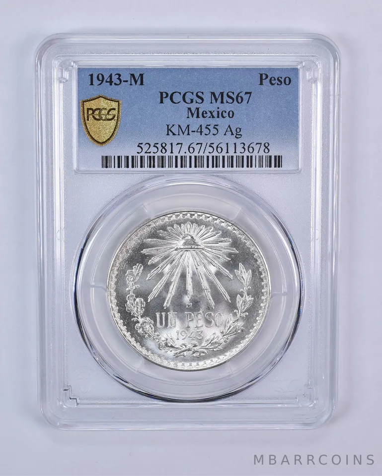 1943 M Mexico Peso Silver KM-455 MS67 PCGS Blue Label