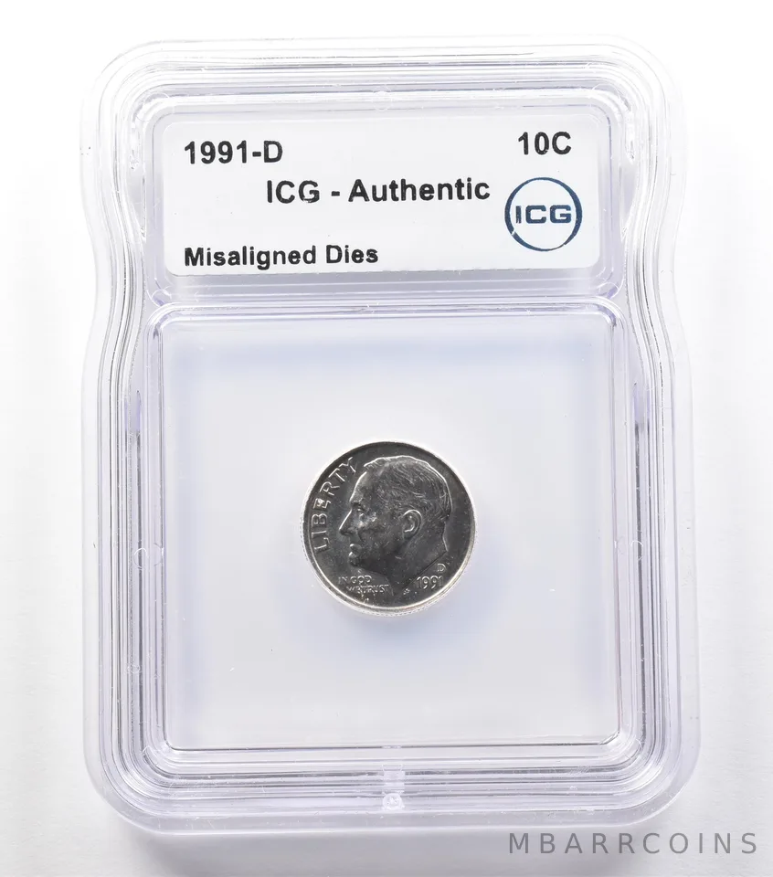 1991-D Roosevelt Dime Mint Error Misaligned Dies Authentic ICG *2434