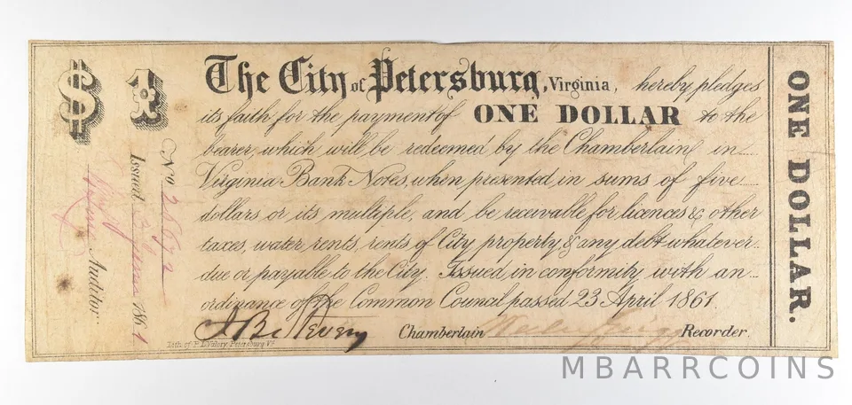 1861 $1 Petersburg VA Obsolete Note *8887
