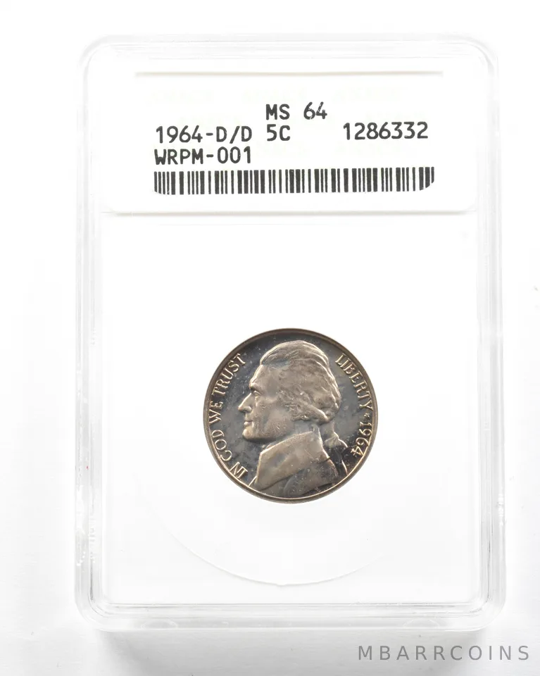 1964-D/D Jefferson Nickel WRPM-001 MS64 ANACS a2047