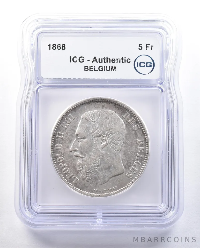 1868 Belgium 5 Francs Authentic ICG *3914