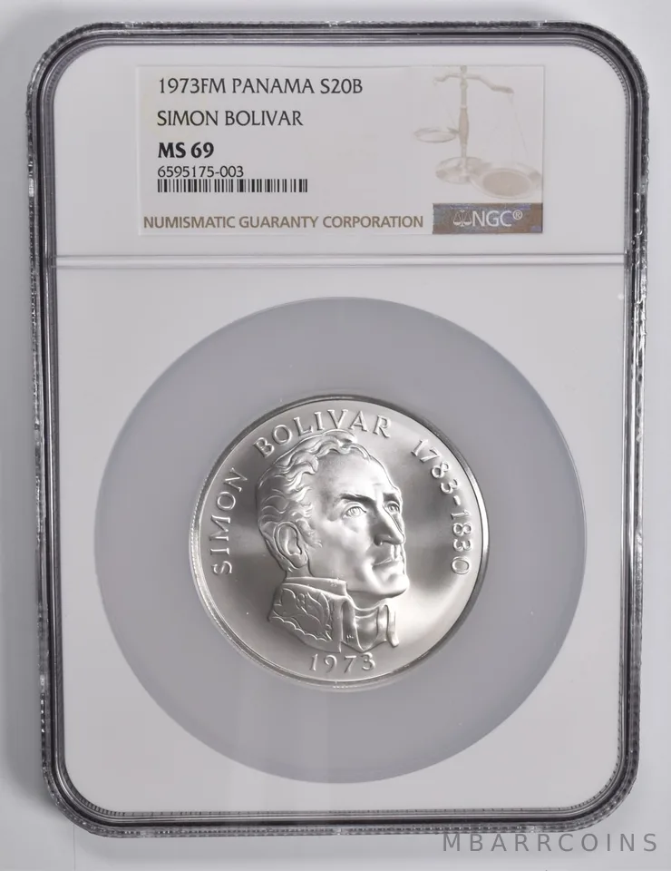 1973-FM Panama 20 Balboas Simon Bolivar Silver MS69 NGC Brown Lbl