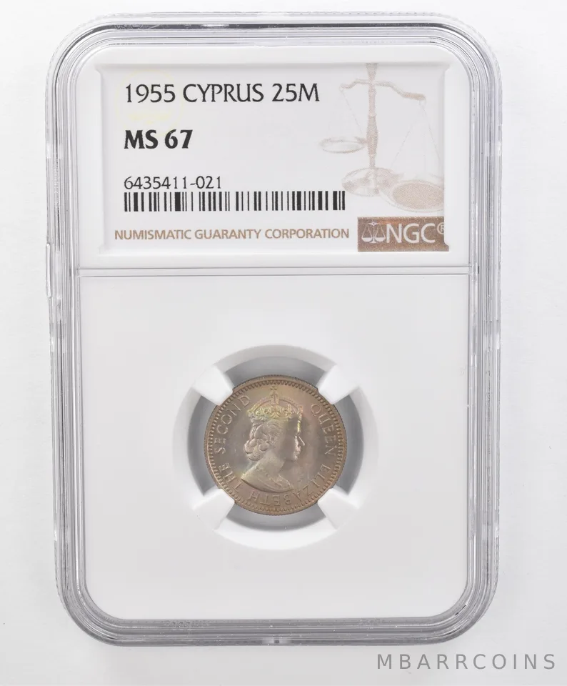 1955 Cyprus 25 Mils MS67 NGC Beautiful Tone *2674