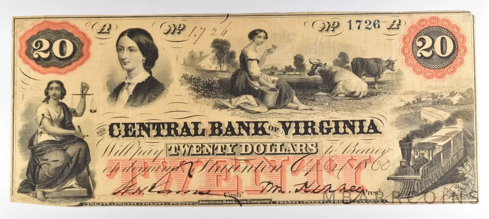 1860 $20 Bank Note Virginia Central Bank Of Virginia Large Note N *5581