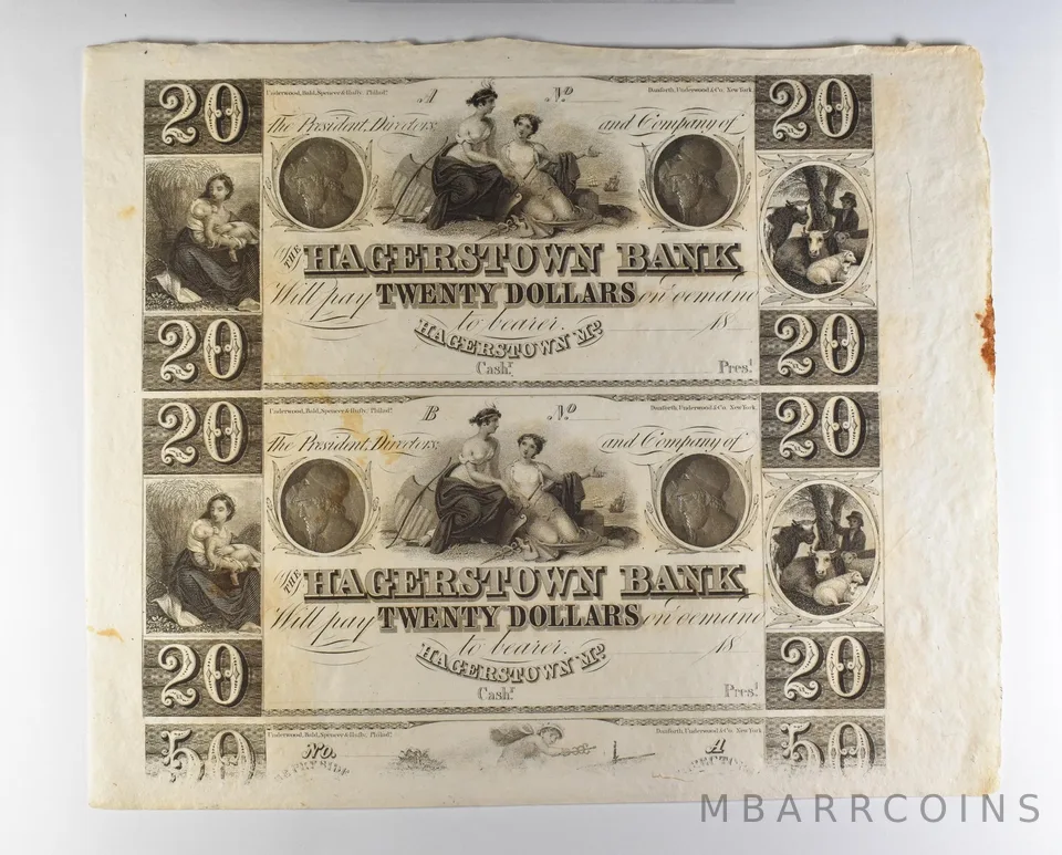 Lot (2) 1800s $20 Hagerstown MD Bank Obsolete Note Uncut *8713