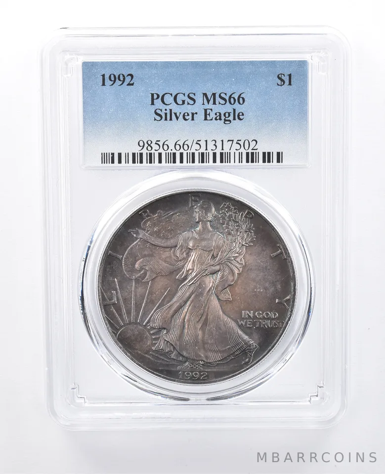 1992 American Silver Eagle MS66 PCGS Dark Blue Tone *8158