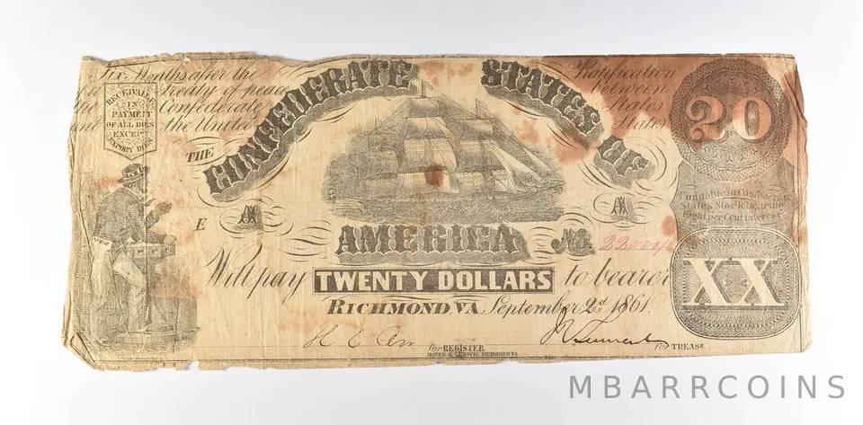 1861 $20 Confederate States Of America T-18 Large Note *8502