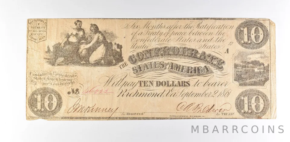 1861 $10 Confederate States Of America T-28 Large Note *8565
