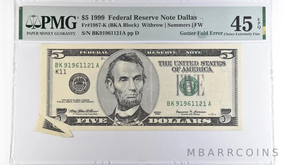 1999 $5 Dallas TX FRN Gutter Fold Error Fr#1987-K Choice XF 45 EPQ PMG *9516