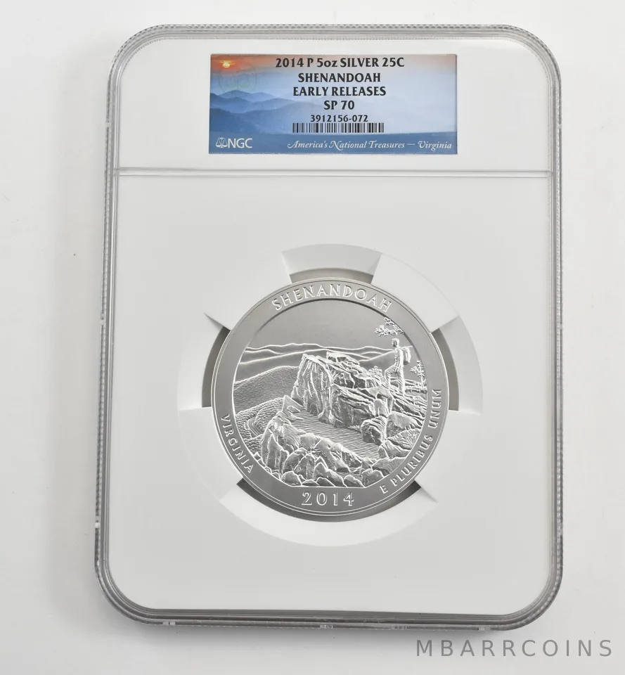 2014-P 5 Oz Silver Quarter America The Beautiful Shenandoah ER SP70 NGC *1655